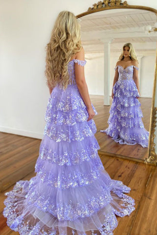 Vestido de fiesta estilo princesa con hombros descubiertos, corsé y volantes de encaje