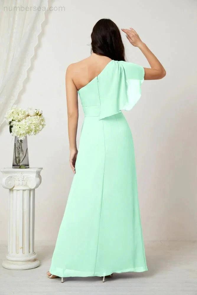 Numbersea Chiffon Ruffled One Shoulder Long Bridesmaid Dresses A-line Formal Evening Gown Side Split 2809 by numbersea