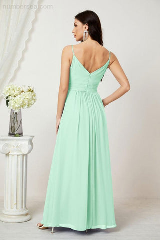 Numbersea Chiffon V-Neck Bridesmaid Dress Spaghetti Strap Long Formal Party Prom Gowns with Slit 28010
