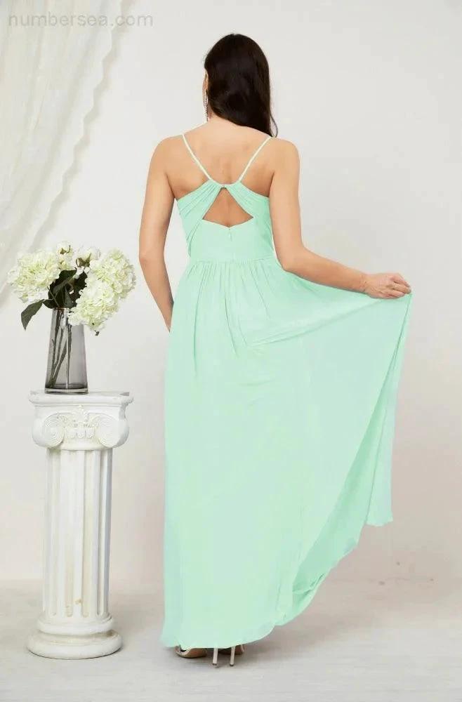 Numbersea Neck Bridesmaid Dresses Chiffon Long Spaghetti A-line Formal Prom Gown for Wedding Party Evening 2801 by numbersea