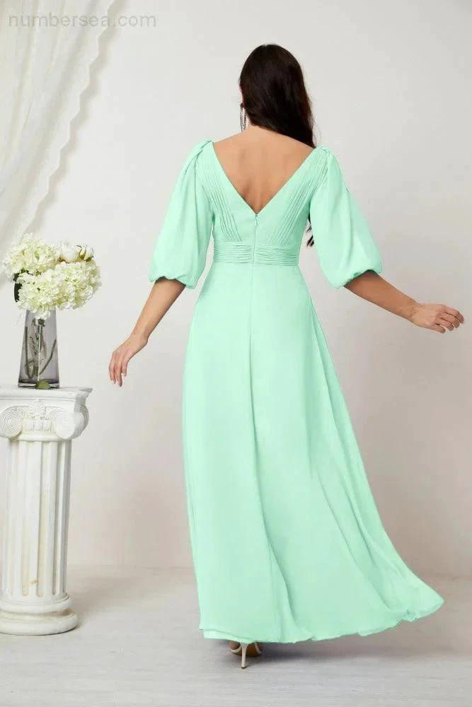 Numbersea Formal Prom Gown Women V-Neck Chiffon Bridesmaid Dresses Long Bishop Sleeve Party Dress 2807 by numbersea
