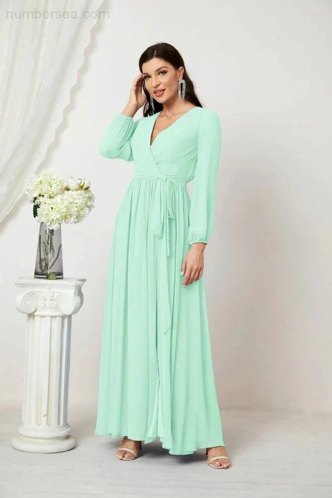 Sunnderly Evening Dresses Deep V-Neck Chiffon Bridesmaid Dresses Long Bishop Sleeve Side Split Formal Dress SY2806 by numbersea