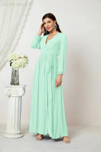 Sunnderly Evening Dresses Deep V-Neck Chiffon Bridesmaid Dresses Long Bishop Sleeve Side Split Formal Dress SY2806 by numbersea