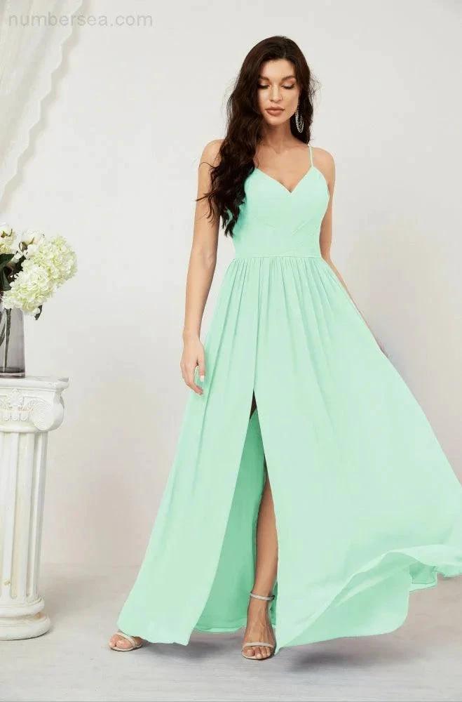 Numbersea Neck Bridesmaid Dresses Chiffon Long Spaghetti A-line Formal Prom Gown for Wedding Party Evening 2801 by numbersea