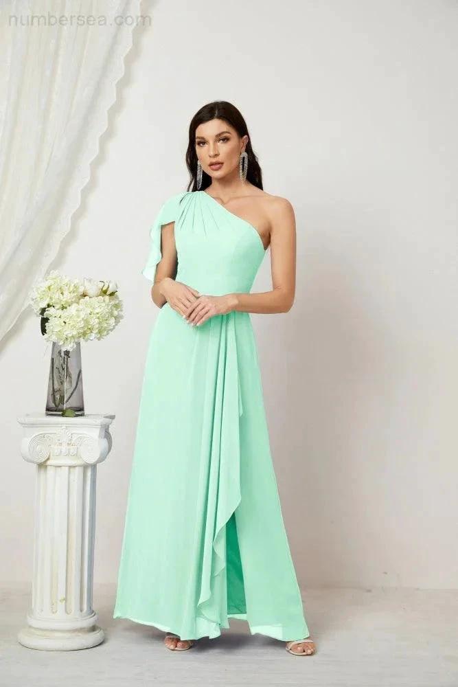Numbersea Chiffon Ruffled One Shoulder Long Bridesmaid Dresses A-line Formal Evening Gown Side Split 2809 by numbersea