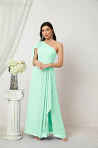 Numbersea Chiffon Ruffled One Shoulder Long Bridesmaid Dresses A-line Formal Evening Gown Side Split 2809 by numbersea