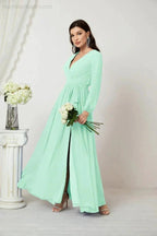 Sunnderly Evening Dresses Deep V-Neck Chiffon Bridesmaid Dresses Long Bishop Sleeve Side Split Formal Dress SY2806 by numbersea