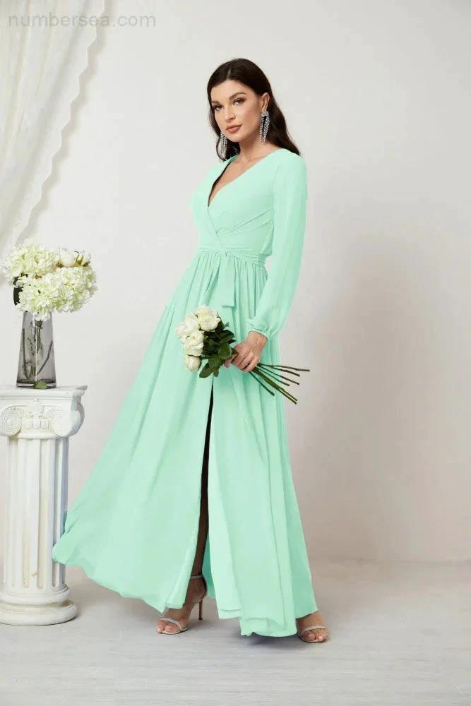 Sunnderly Evening Dresses Deep V-Neck Chiffon Bridesmaid Dresses Long Bishop Sleeve Side Split Formal Dress SY2806 by numbersea