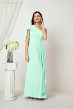 Numbersea Chiffon Ruffled One Shoulder Long Bridesmaid Dresses A-line Formal Evening Gown Side Split 2809 by numbersea