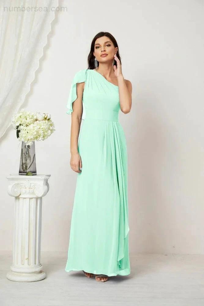 Numbersea Chiffon Ruffled One Shoulder Long Bridesmaid Dresses A-line Formal Evening Gown Side Split 2809 by numbersea