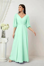 Numbersea Formal Prom Gown Women V-Neck Chiffon Bridesmaid Dresses Long Bishop Sleeve Party Dress 2807 by numbersea