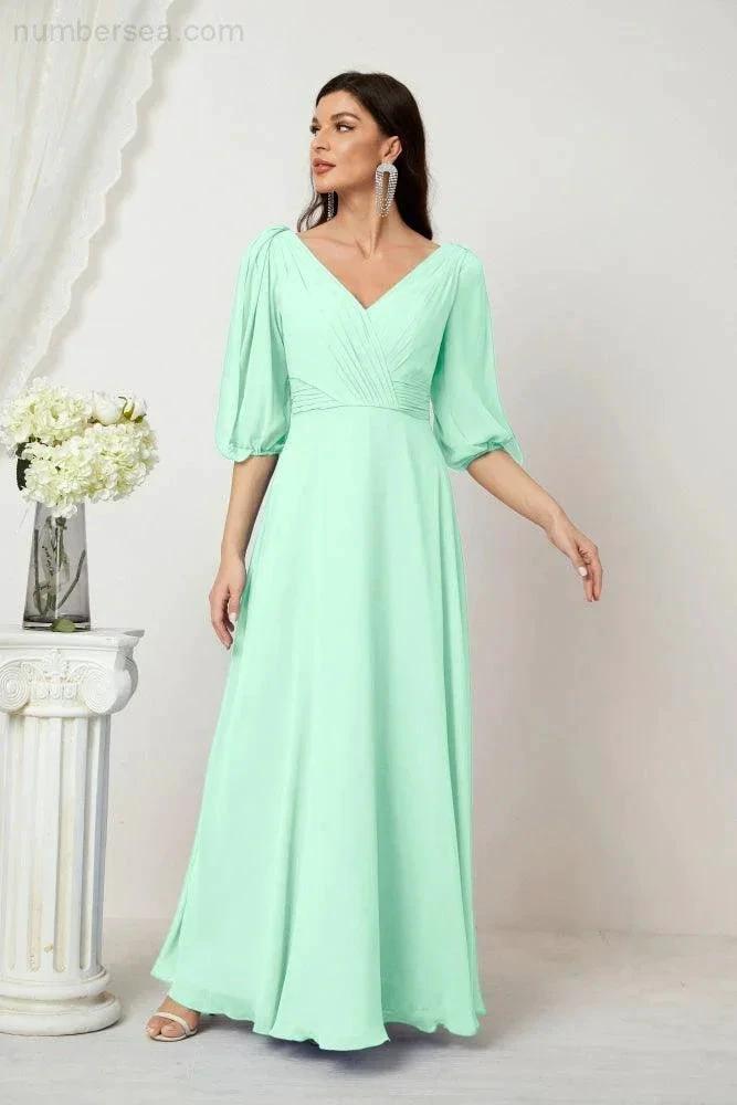 Numbersea Formal Prom Gown Women V-Neck Chiffon Bridesmaid Dresses Long Bishop Sleeve Party Dress 2807 by numbersea