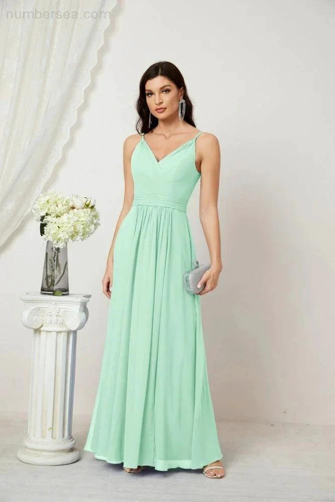 Vestido de dama de honor de gasa con escote en V y tirantes finos, largo, formal, para fiesta de graduación y con abertura, Numbersea 28010 