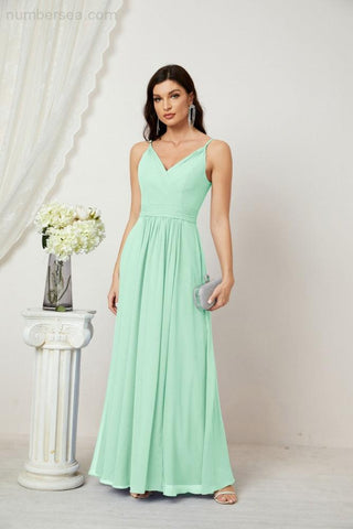 Numbersea Chiffon V-Neck Bridesmaid Dress Spaghetti Strap Long Formal Party Prom Gowns with Slit 28010