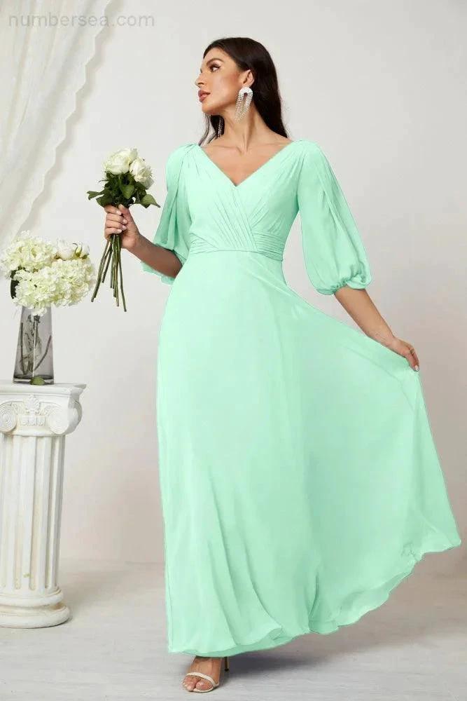 Numbersea Formal Prom Gown Women V-Neck Chiffon Bridesmaid Dresses Long Bishop Sleeve Party Dress 2807 by numbersea