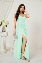 Numbersea Neck Bridesmaid Dresses Chiffon Long Spaghetti A-line Formal Prom Gown for Wedding Party Evening 2801 by numbersea