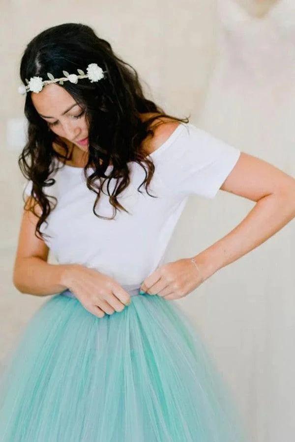 Two Piece Spaghetti Straps Sweep Train Mint Tulle Bridesmaid Dress BD082 by pgmdress