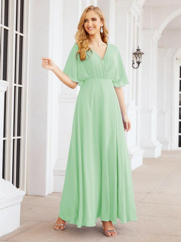 Numbersea V-Neck Bridesmaid Dress Chiffon Long Open Back Formal Dresses for Women Party Evening 28067