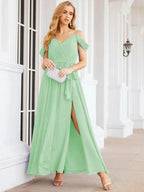 Numbersea Off The Shoulder Chiffon Bridesmaid Dress Long Formal Graduation Gown with Cowl Back 28069 by numbersea