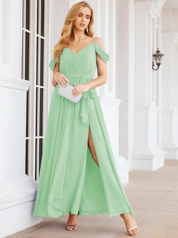 Numbersea Off The Shoulder Chiffon Bridesmaid Dress Long Formal Graduation Gown with Cowl Back 28069