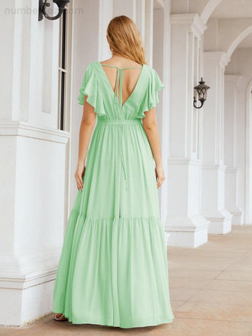 Numbersea Women's Open Back Formal Evening Party Prom Gowns V-Neck Long Chiffon Bridesmaid Dresses with Waist Belt 28038