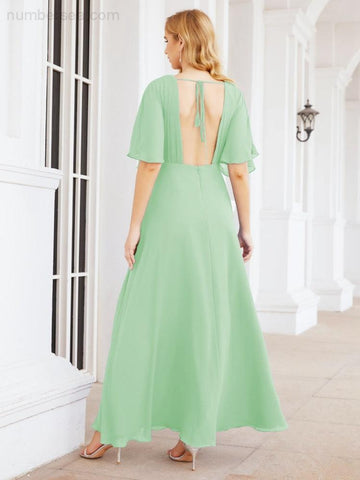 Numbersea V-Neck Bridesmaid Dress Chiffon Long Open Back Formal Dresses for Women Party Evening 28067