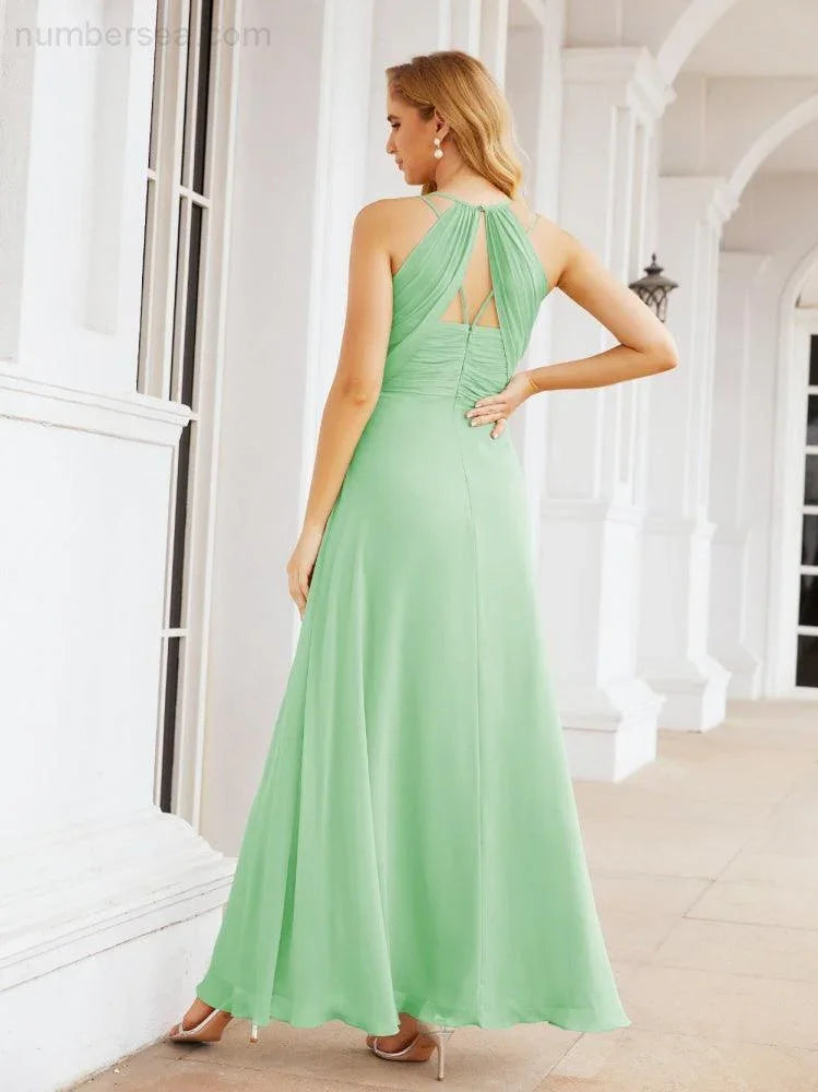 Vestidos de Damas de Honra Numbersea com Alças Duplas de Espaguete para Mulher Vestido Longo Formal para Festa com Fenda Lateral 28051