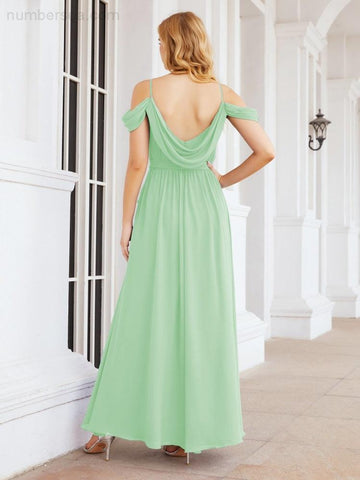 Numbersea Off The Shoulder Chiffon Bridesmaid Dress Long Formal Graduation Gown with Cowl Back 28069
