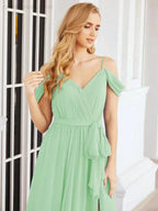 Numbersea Off The Shoulder Chiffon Bridesmaid Dress Long Formal Graduation Gown with Cowl Back 28069 by numbersea