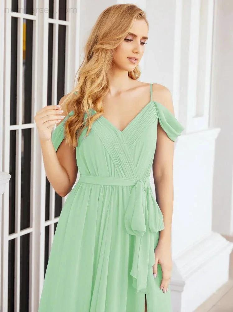 Numbersea Off The Shoulder Chiffon Bridesmaid Dress Long Formal Graduation Gown with Cowl Back 28069 by numbersea