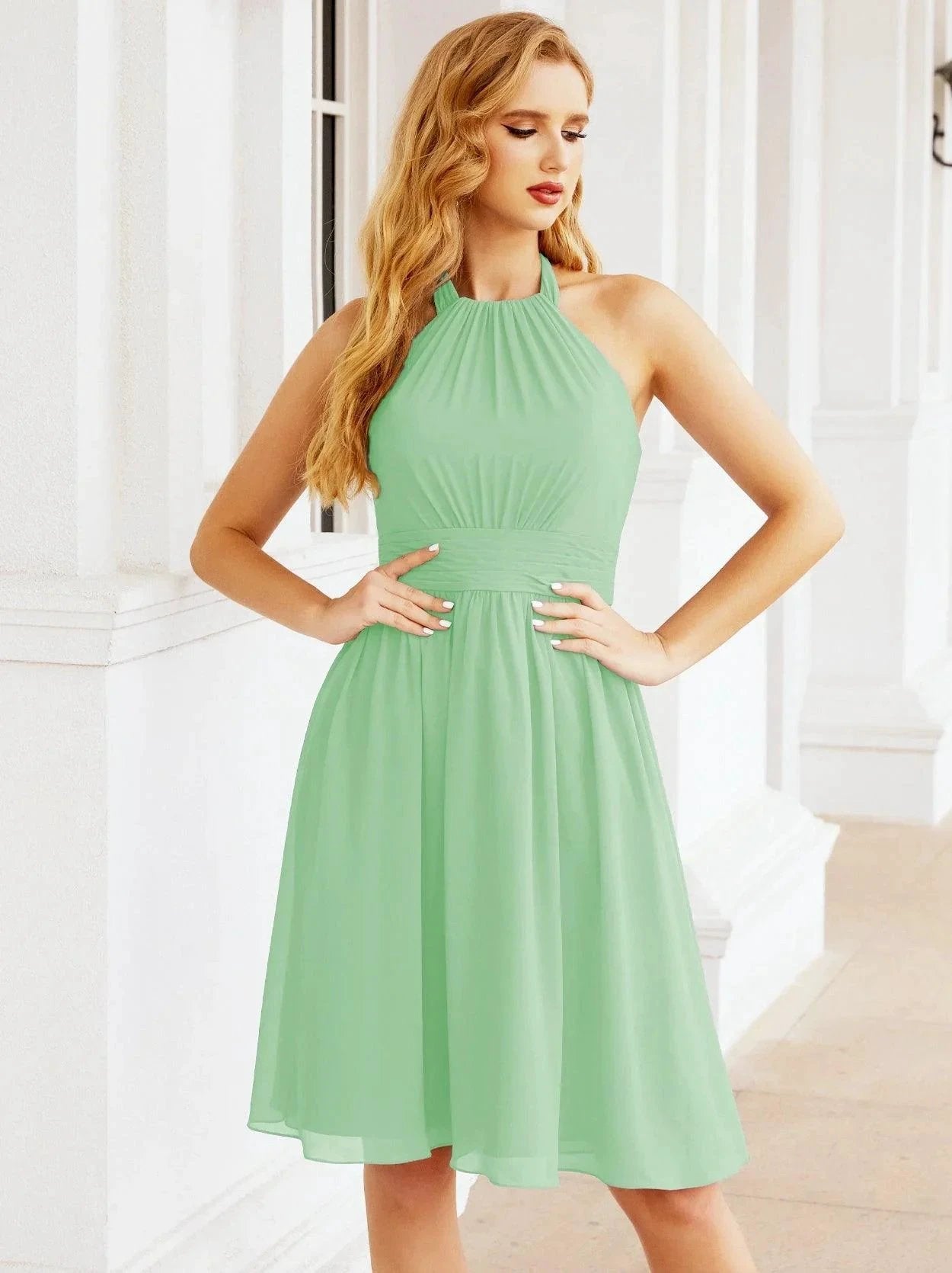 Numbersea Halter Chiffon Bridesmaid Dresses Short Sleeveless Formal Party Dress Open Back 28023 by numbersea