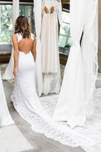 Sheath High Neck Sweep Train Open Back Lace Wedding Dress with Split WD397 by pgmdress
