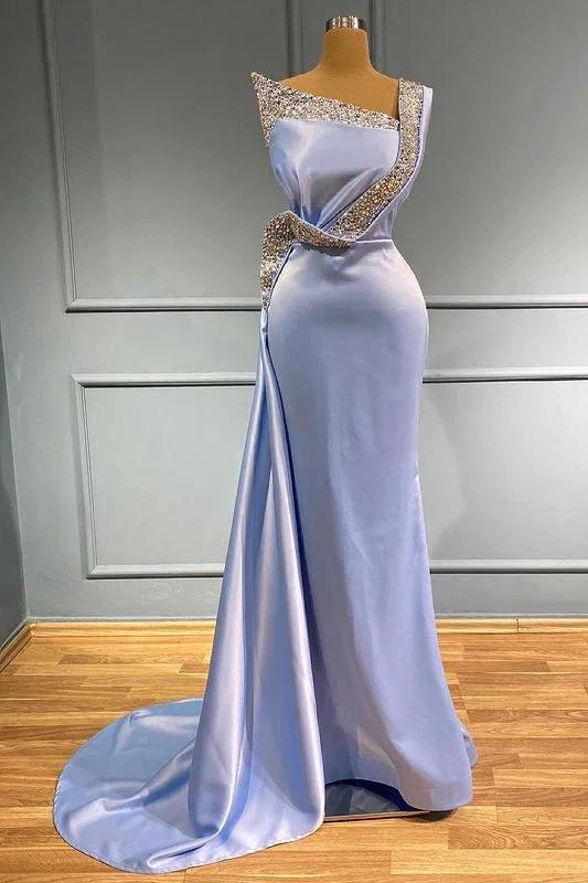 Long Mermaid One Shoulder Sleeveless Satin Beads Prom Dress With Ruffles by BIZTUNNEL