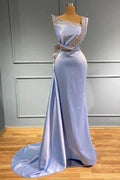 Long Mermaid One Shoulder Sleeveless Satin Beads Prom Dress With Ruffles by BIZTUNNEL