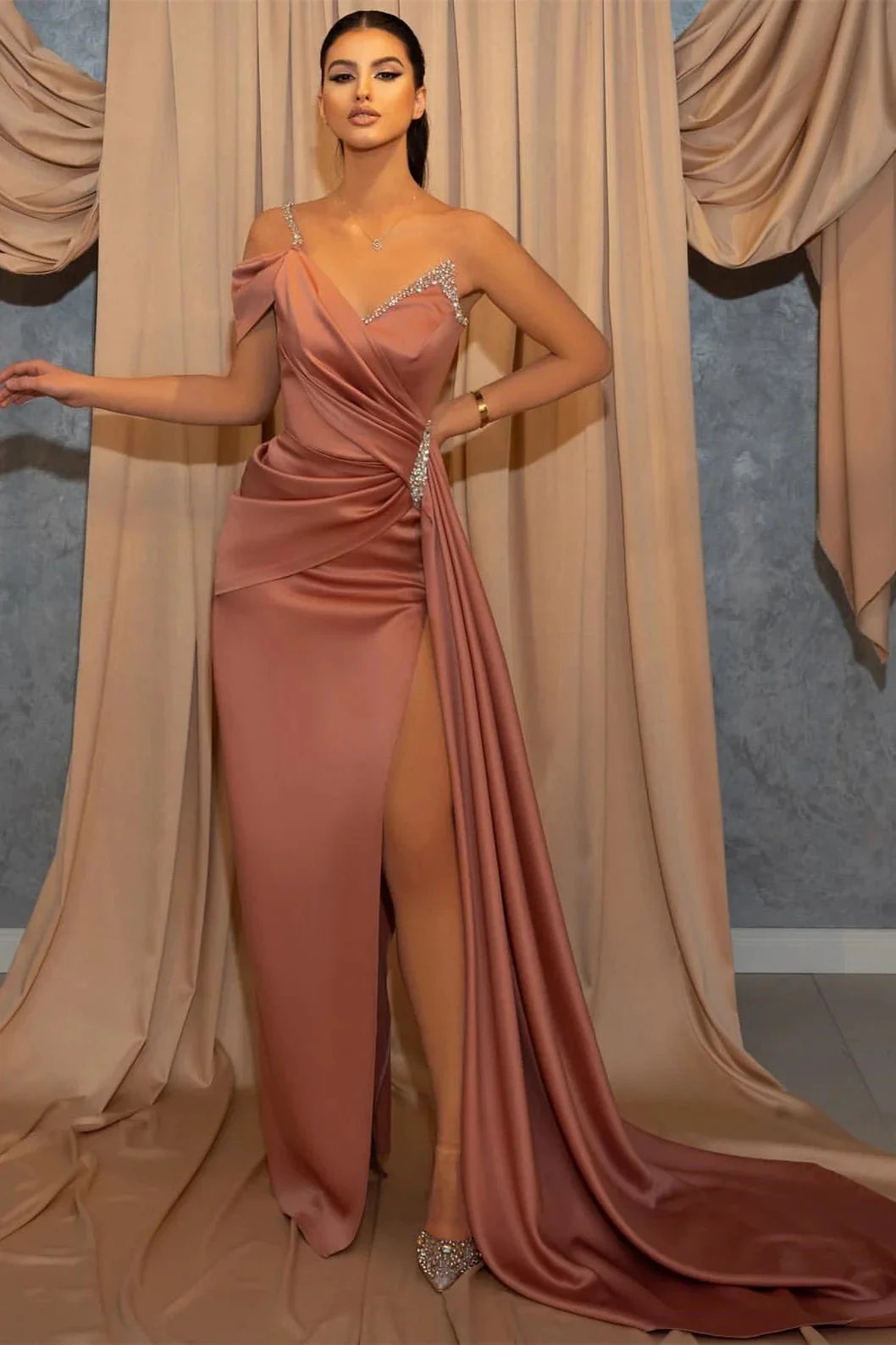 Ravishing Ruffled Mermaid Prom Gown with Beaded One Shoulder and V-Neck by BIZTUNNEL