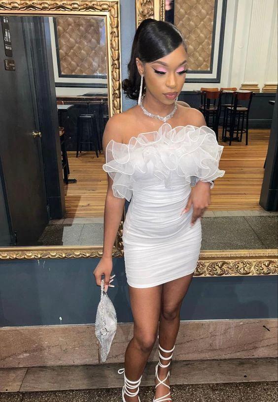 White Short Homecoming Dress With Ruffles Sexy Hoco Dresses Y334 by simplepromdress