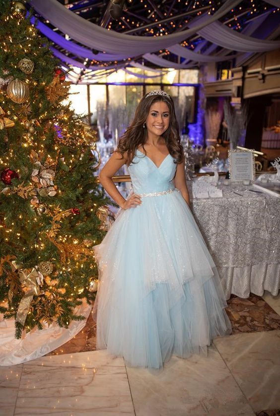 Winter Wonderland Blue Ball Dress A-line V Blue Neck Tulle Evening Dress Y307 Hover Image