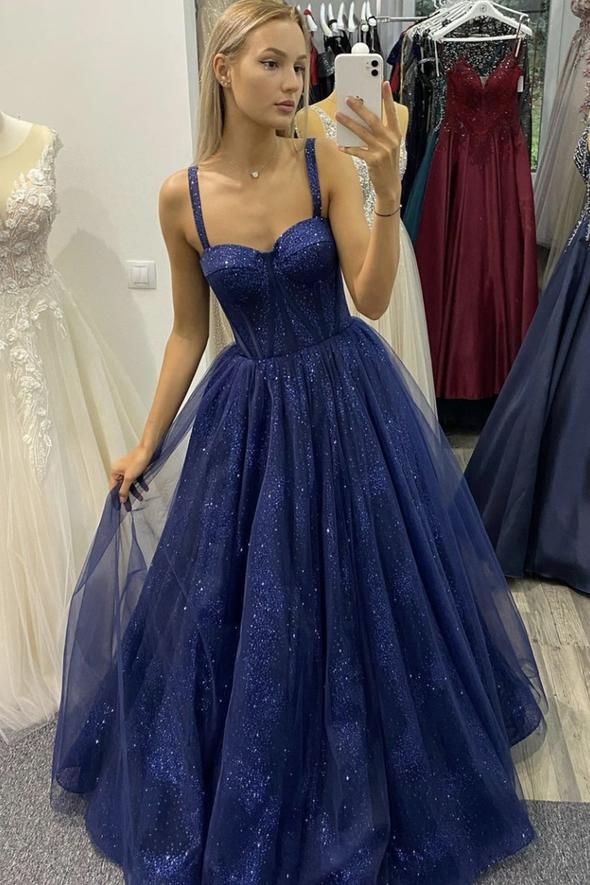 Glitter Blue Tulle Long Prom Dress A-line Evening Gown Y316 Main Image