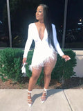 Solid Plunge Fluffy Irregular Party Dress White Dresses Sexy White Homecoming Dress Y332 by simplepromdress