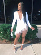 Solid Plunge Fluffy Irregular Party Dress White Dresses Sexy White Homecoming Dress Y332 by simplepromdress