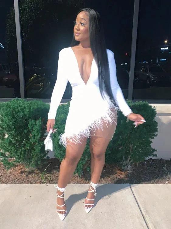 Solid Plunge Fluffy Irregular Party Dress White Dresses Sexy White Homecoming Dress Y332 by simplepromdress