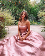 Charming A-Line Strapless Blush Pink Satin Long Evening Dresses Y322 by simplepromdress