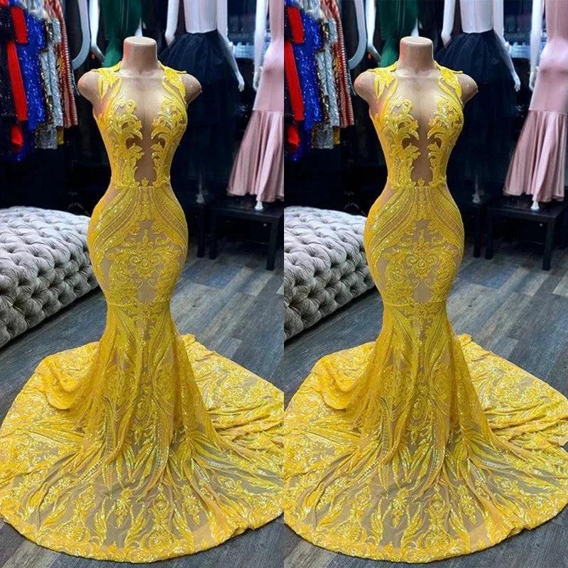 Yellow Long V-neck Sleeveless Sequins Lace Mermaid Prom Dress by BIZTUNNEL