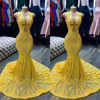 Yellow Long V-neck Sleeveless Sequins Lace Mermaid Prom Dress by BIZTUNNEL