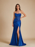 Royal Blue Strapless Corset Prom Dress with High Slit - Royal Blue