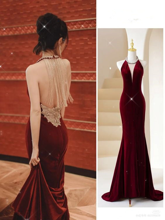 Burgundy Mermaid Long Prom Dress Chic Burgundy Evening Dress With Back Tassel  Y383 Hover Image