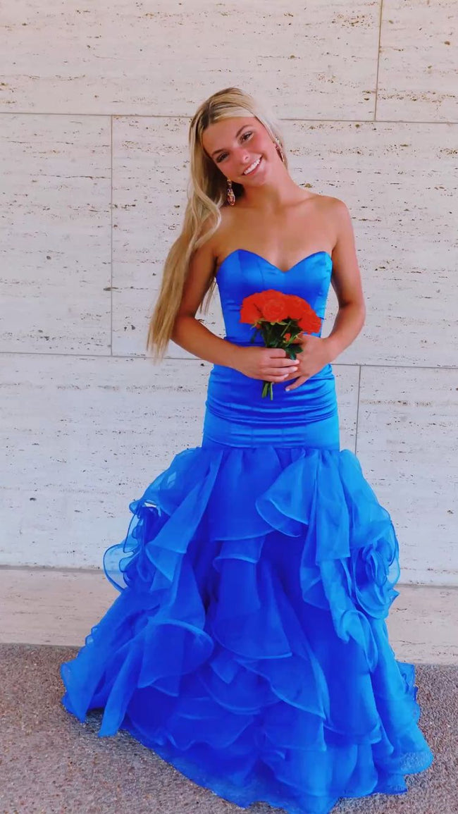 Royal Blue Satin Tulle Bottom Long Prom Dress Mermaid Evening Dress Y349 Main Image