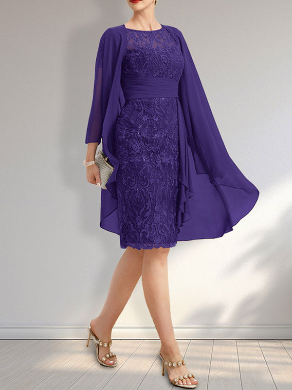 Sheath Scoop Illusion Knee-Length Lace Chiffon Mother of the Bride Dress With Cascading Ruffles Sequins