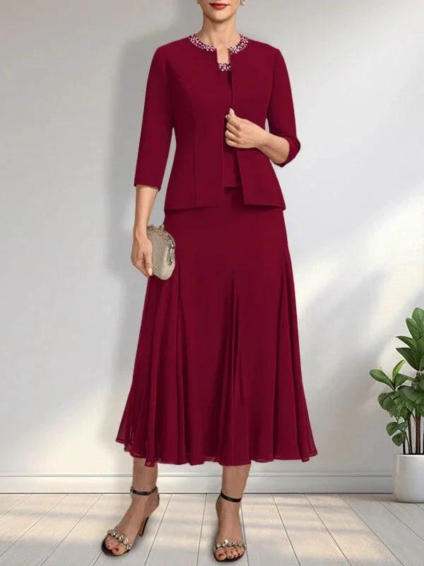Separates A-line Scoop Tea-Length Chiffon Mother of the Bride Dress With Sequins Beading by Dreamylily