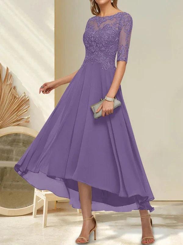A-line Boat Neck Illusion Asymmetrical Chiffon Lace Mother of the Bride Dress With Sequins Beading by Dreamylily